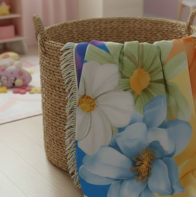 Floral blanket draped over a woven basket in a room with pink walls and toys.