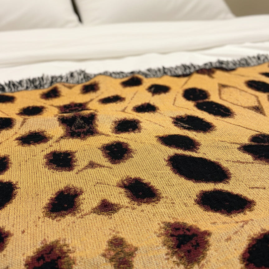 Close-up of a patterned blanket with black and brown designs on a white surface.