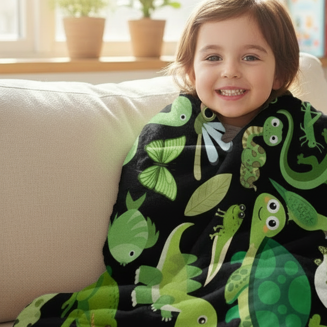 Child sitting on a couch wearing a blanket with green animal patterns