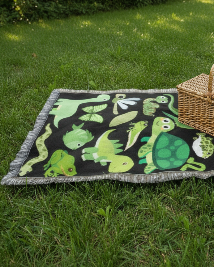 Blanket with green animal patterns on a black background