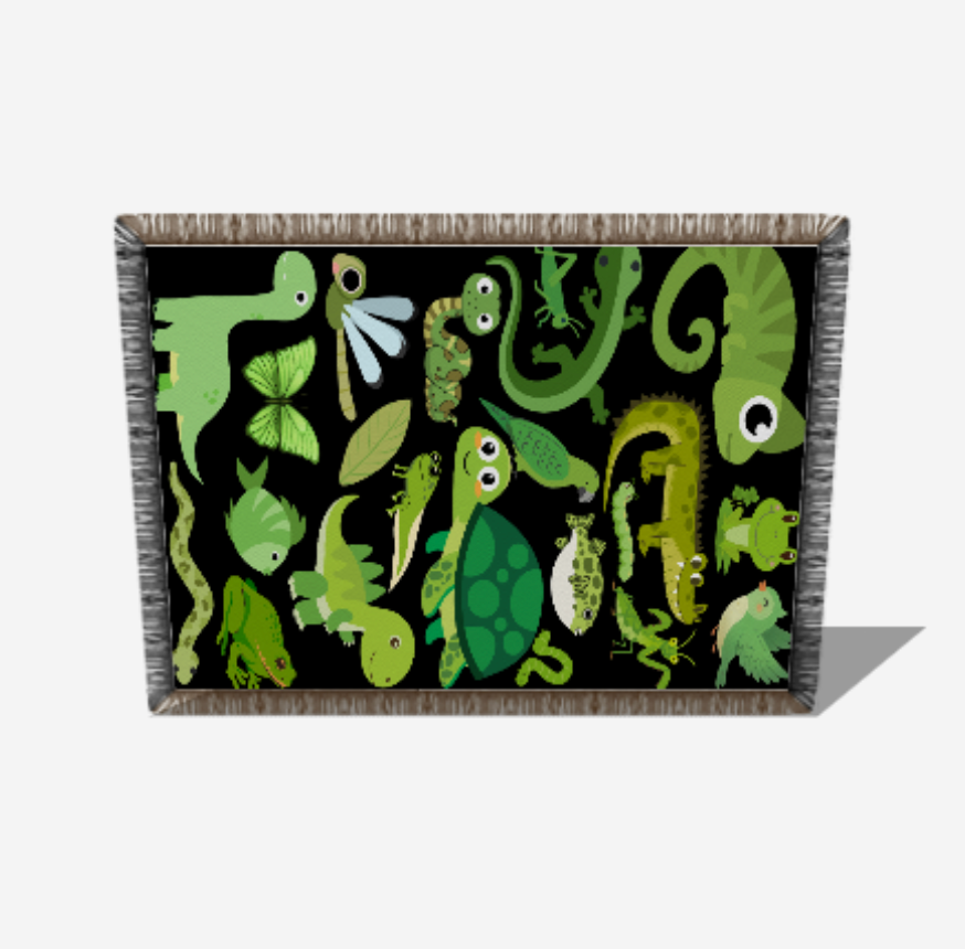 Framed artwork with green reptile illustrations on a black background