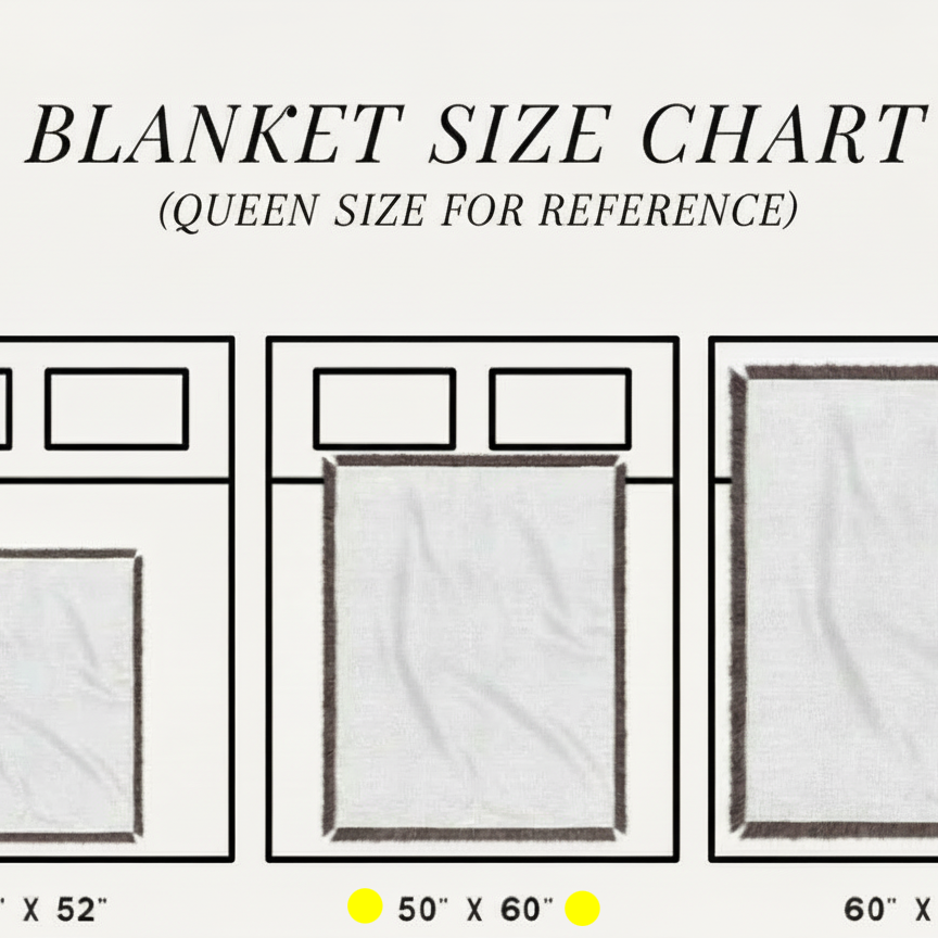 Blanket size chart with queen size for reference on a white background