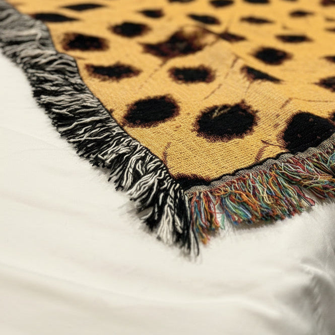 Leopard print blanket with colorful fringe on a bed