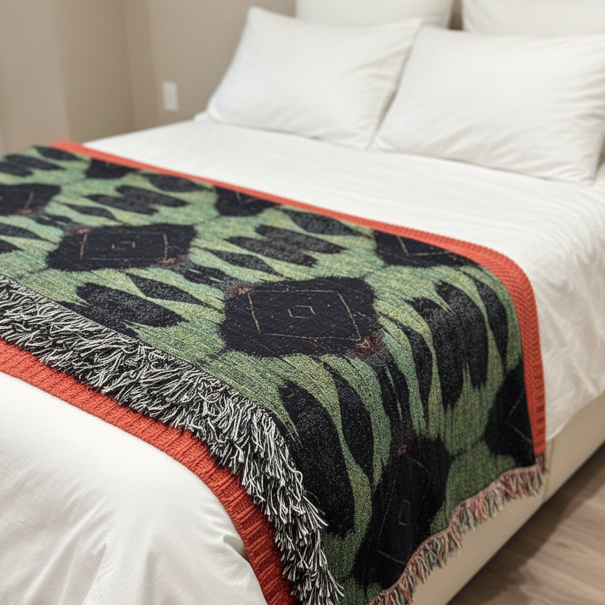 green and black patterned blanket with fringes draped over a surface.